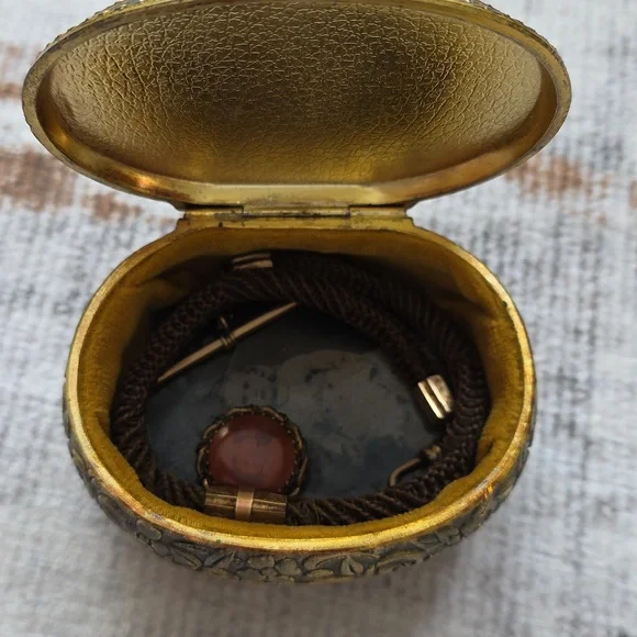 Antique Japan Trinket Box Silk Boucher Landscape Tintype Hair Mourning Chain - Picture 2 of 16